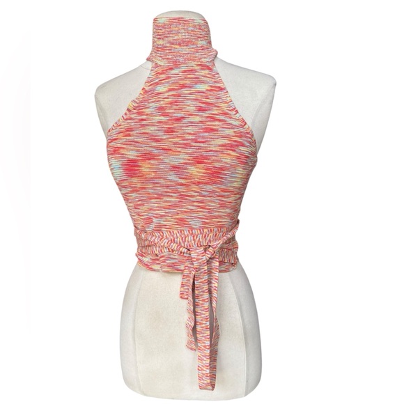 525 America Tops - Y2K 525 Ribbed Knit Rayon/Nylon Fitted Halter-Neck Self-Tie Wrap Hem Top